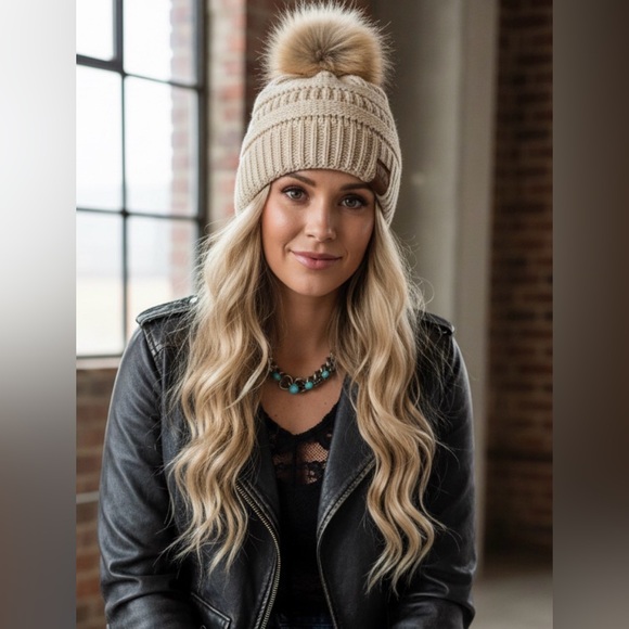 C.C Accessories - NWT C.C Beige PomPom Pom Pom Knit Beanie